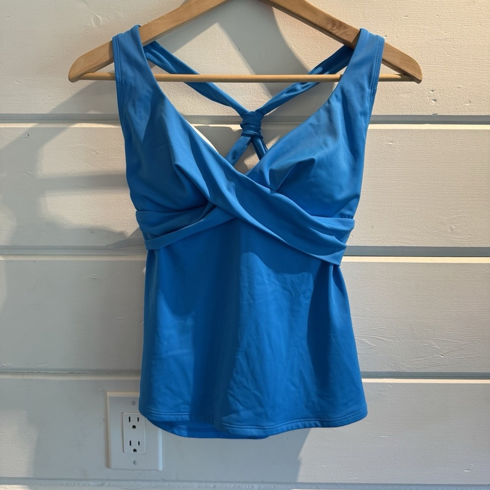 LL Bean Tankini Top Womens Size 6  Reg Swim Top V Neck Twist Front Blue, SPF 50+